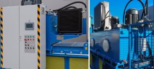 Hydraulikaggregat und Steuerungseinheit einer Kanalballenpresse mit Kühlsystem und Sicherheitseinrichtungen zur effizienten Maschinenwartung.