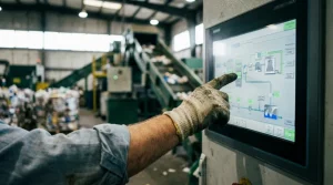 Operator adjusting settings on a digital control panel for a recycling baler