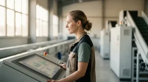 Mitarbeiterin überwacht vollautomatische Ballenpresse am Steuerpult