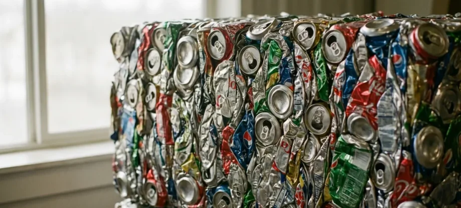 Close-up texture of compressed aluminum can bale showing high density. Cans compressed with aluminum can baler.