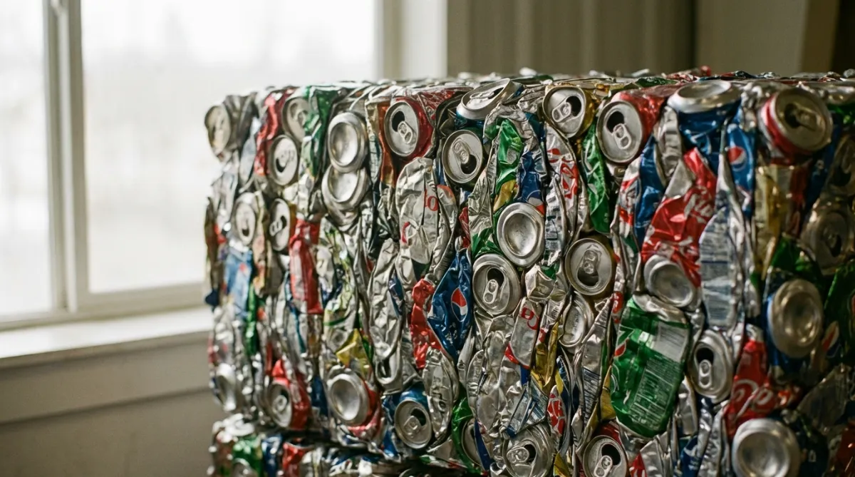 Close-up texture of compressed aluminum can bale showing high density. Cans compressed with aluminum can baler.