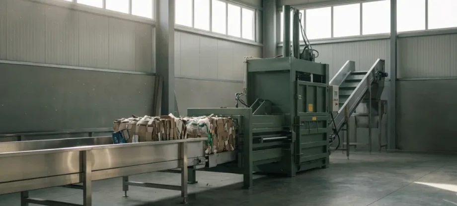 Wide angle view of a modern industrial conveyor belt feeding a baling press in a sunlit facility