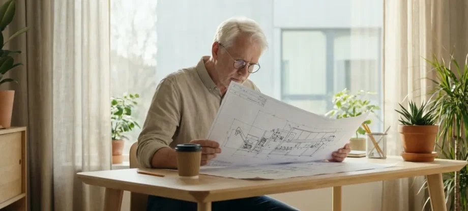 Engineer reviewing waste management machinery blueprints in a modern office. This is the comparrison of Shear baler vs pre-press baler.