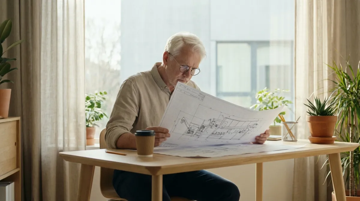 Engineer reviewing waste management machinery blueprints in a modern office. This is the comparrison of Shear baler vs pre-press baler.