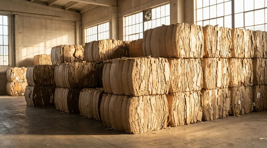 Stack of high-density cardboard bales in storage