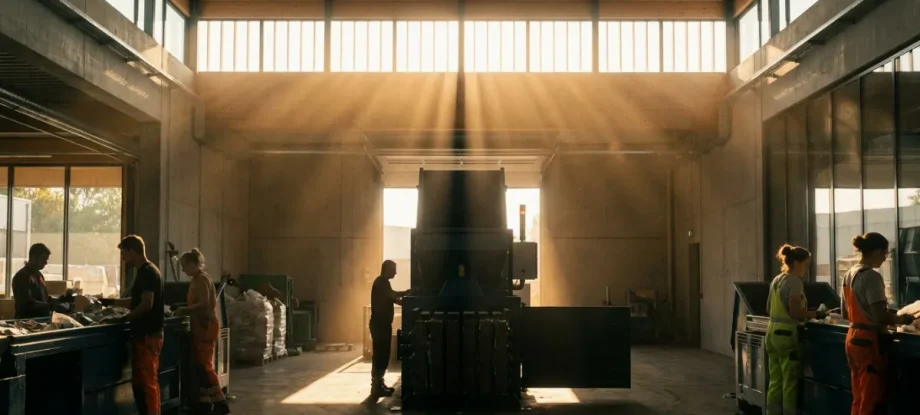 Interior of a modern recycling facility with sunlight streaming through windows highlighting a baler machine