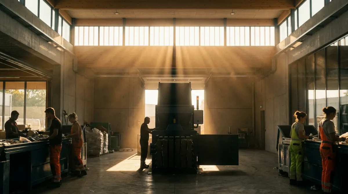 Interior of a modern recycling facility with sunlight streaming through windows highlighting a baler machine