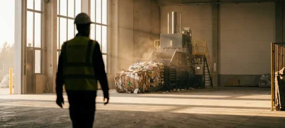 Modern recycling facility with industrial baling press in soft natural light