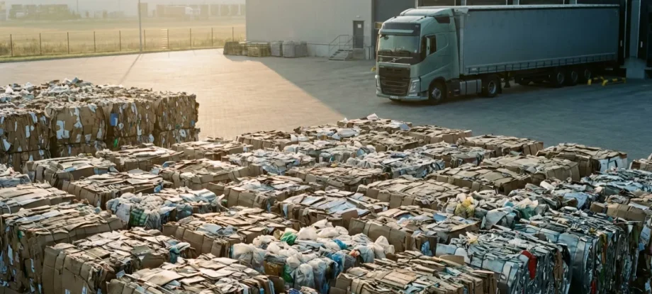 High bale density stacked in a modern logistics yard at sunrise