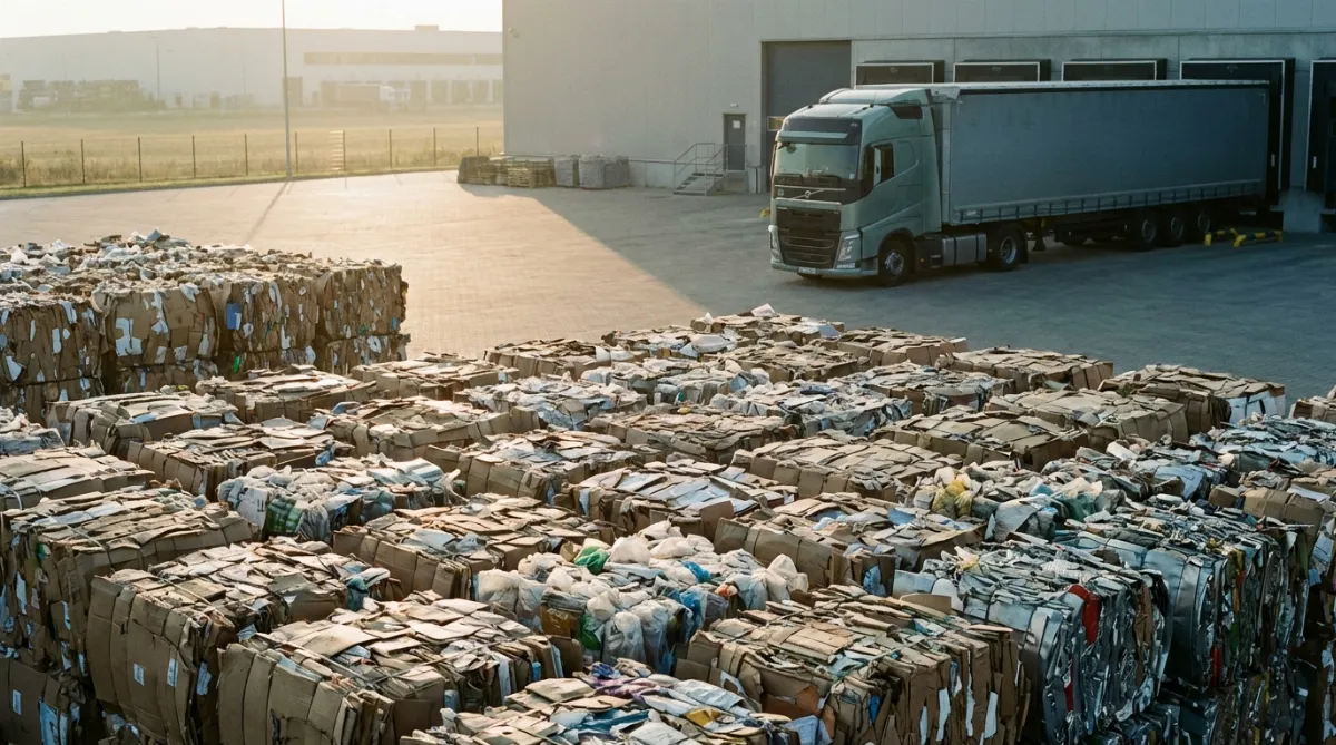 High bale density stacked in a modern logistics yard at sunrise