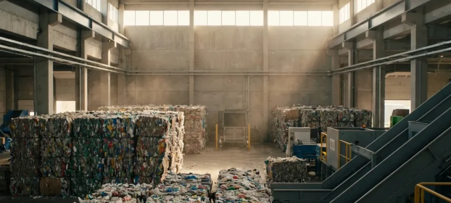 Interior of a modern material recovery facility with stacks of baled plastic waste