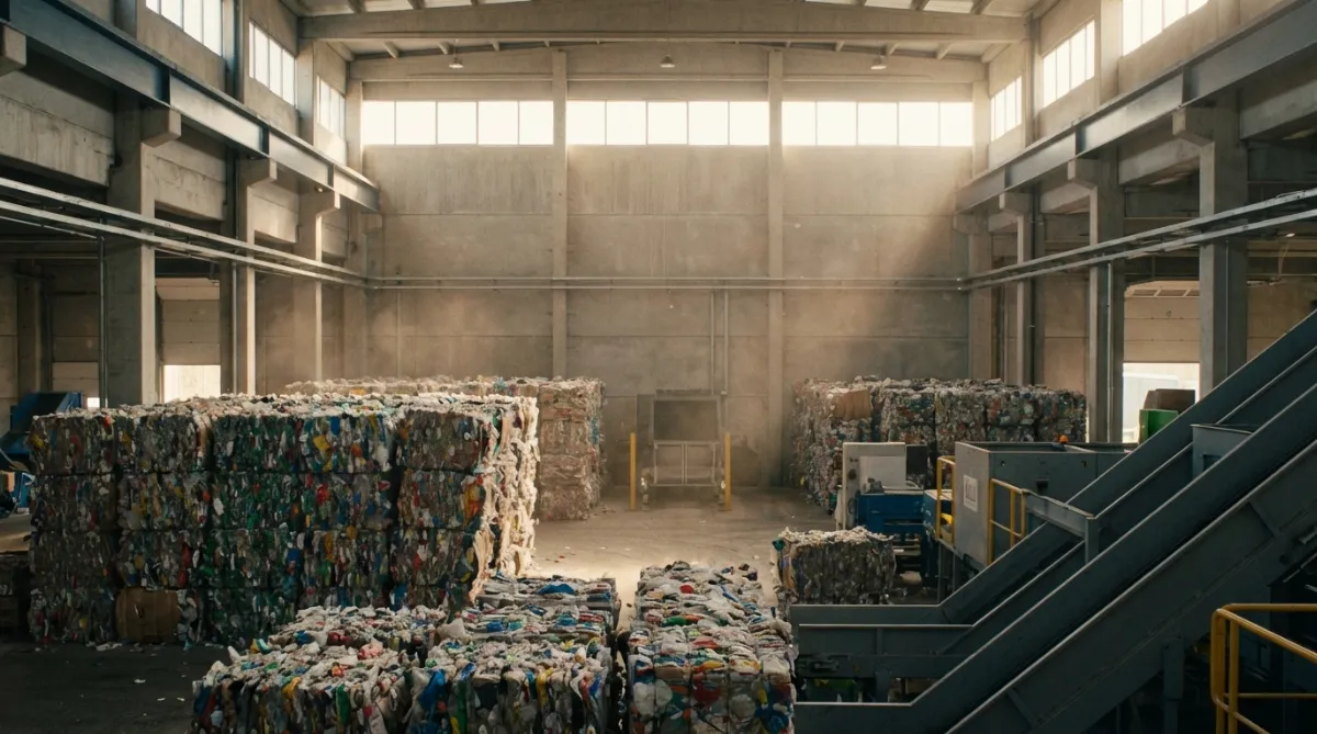 Interior of a modern material recovery facility with stacks of baled plastic waste