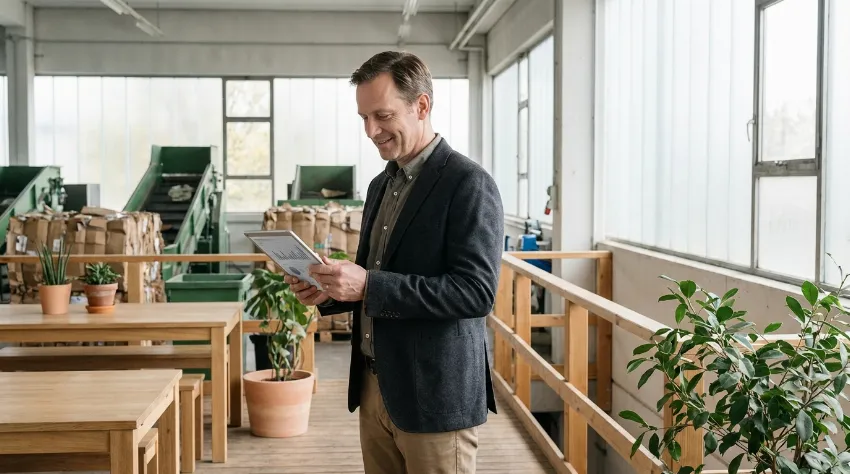 Facility manager reviewing operational data in a recycling plant