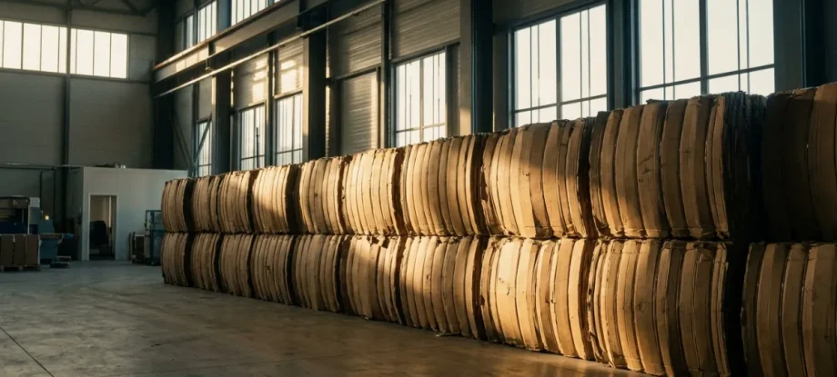 Stacked mill-sized cardboard bales in a sunlit industrial warehouse. Industrial waste logistics complete guide.