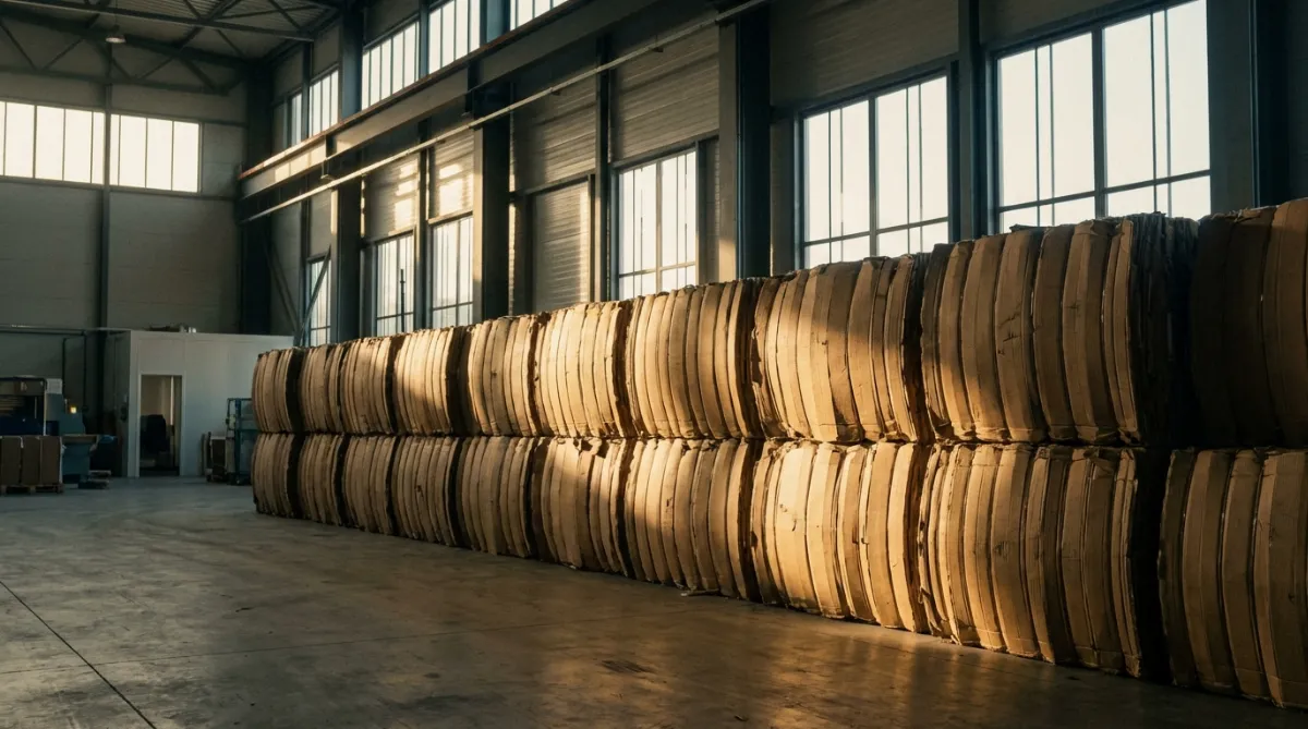 Stacked mill-sized cardboard bales in a sunlit industrial warehouse. Industrial waste logistics complete guide.