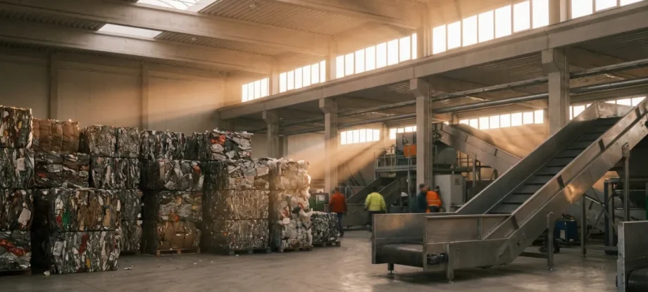 Interior of a modern industrial metal recycling facility with stacked bales in sunlight