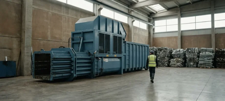 Interior of a modern recycling facility with a large industrial scrap metal baler and an engineer walking