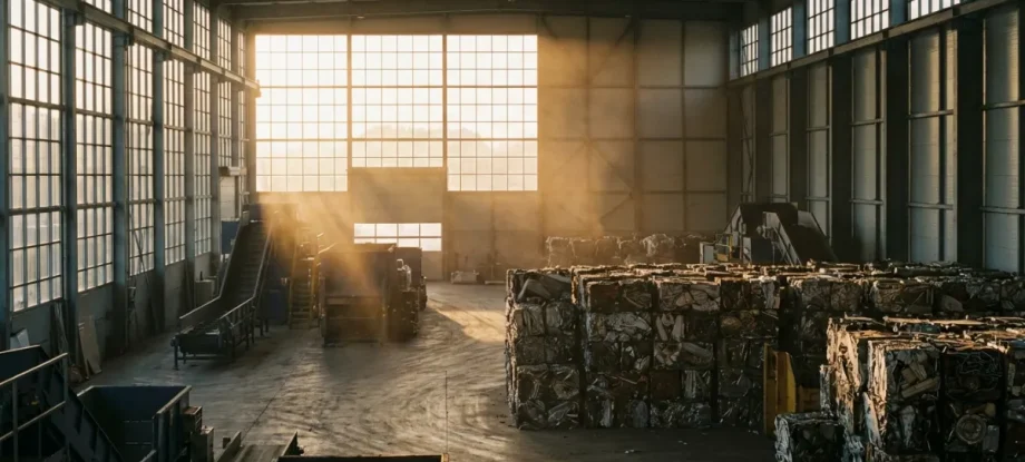Modern industrial recycling facility with stacks of metal bales during sunset