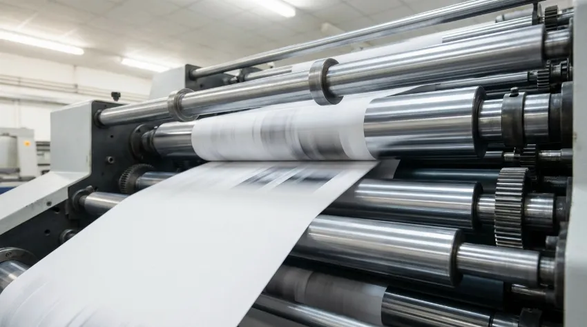 Detail of paper moving through an industrial printing press