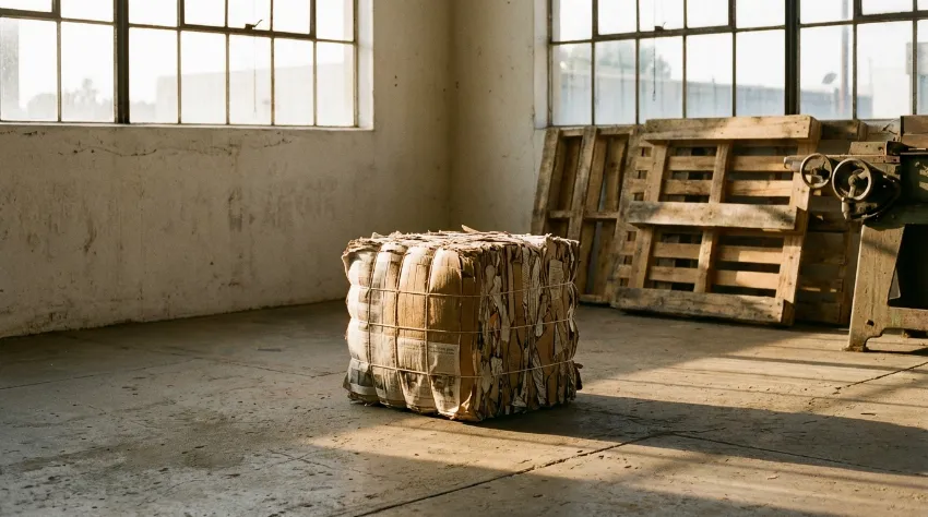 A finished paper bale sitting in a sunlit warehouse