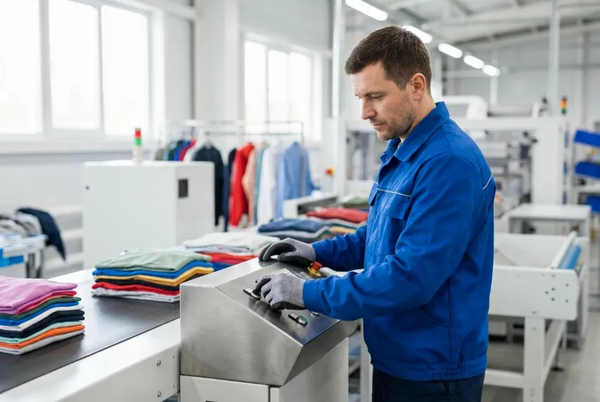 A technician adjusting controls on an automated conveyor belt carrying sorted clothing in a clean recycling plant.