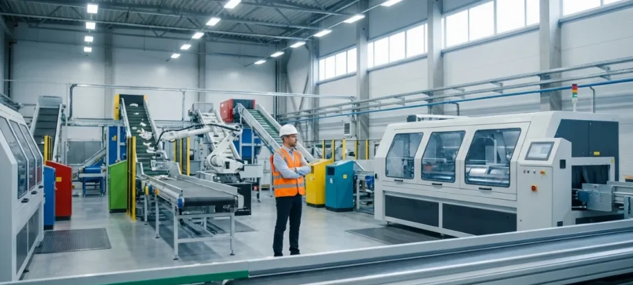 Establishing shot of a modern automated industrial waste sorting plant with an engineer overseeing operations.