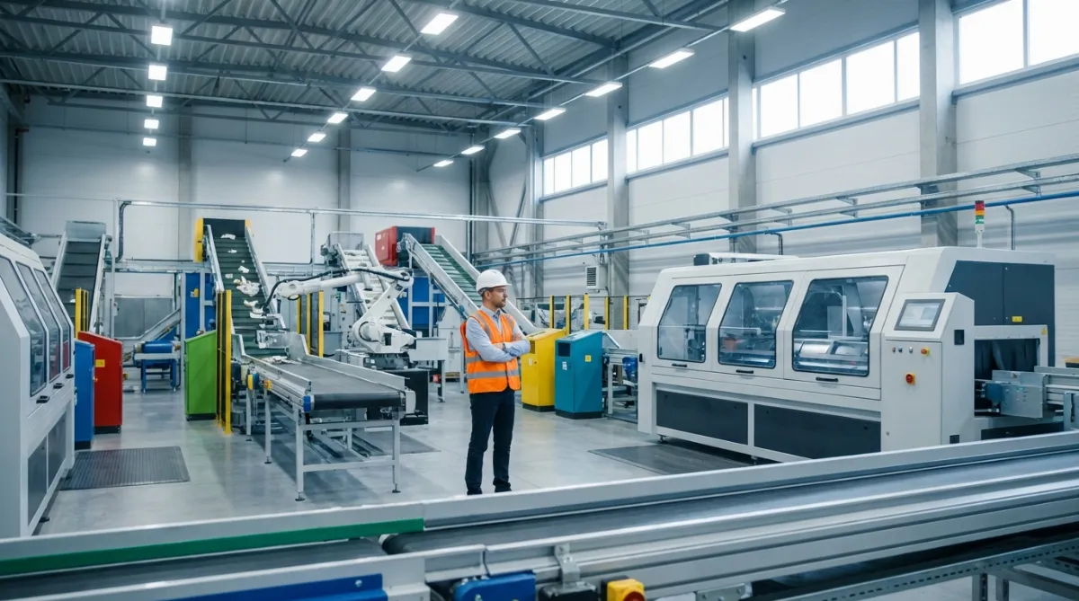 Establishing shot of a modern automated industrial waste sorting plant with an engineer overseeing operations.