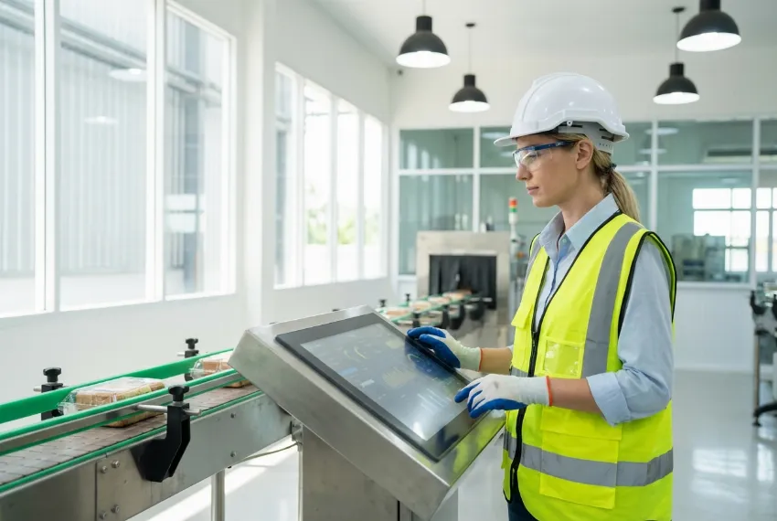A female technician monitoring an automated conveyor system via a digital control panel.
