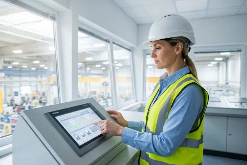 Automation engineer adjusting sorting parameters on a centralized PLC touch panel.