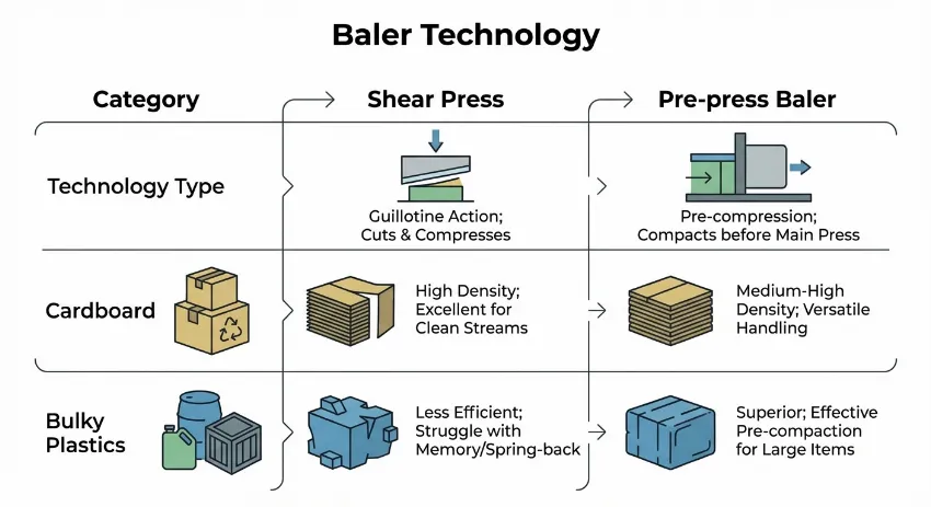 Infographic comparing shear and pre-press baler technologies for different waste materials.
