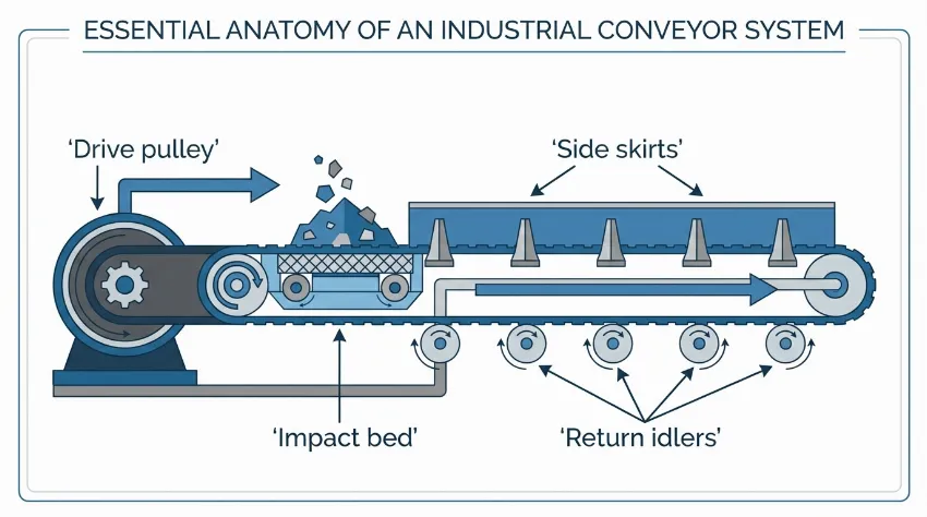 Infographic displaying the essential parts of an industrial conveyor system including pulleys, impact beds, and idlers.