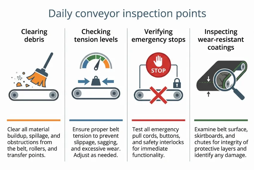 An infographic checklist detailing daily inspection points for industrial conveyor systems.