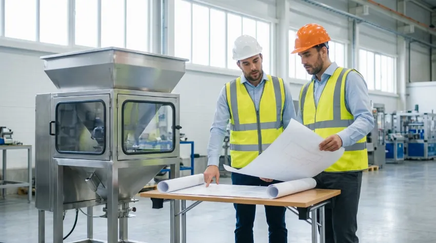 Two engineers reviewing blueprints next to a customized industrial feed hopper.