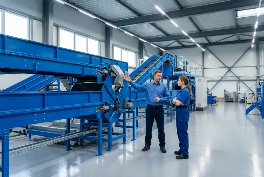 Facility manager inspecting the mechanical layout of a modern sorting plant.