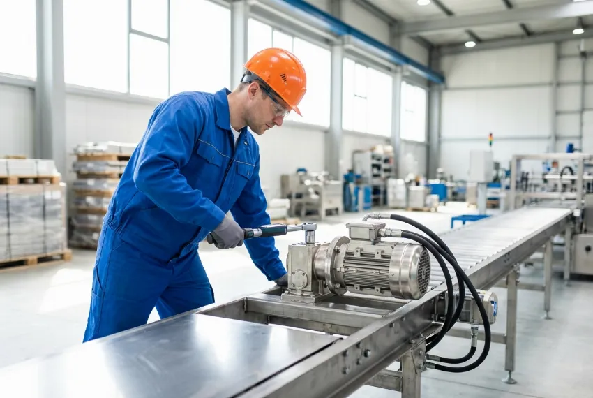 An engineer inspects a heavy-duty hydraulic drive motor on a conveyor system.