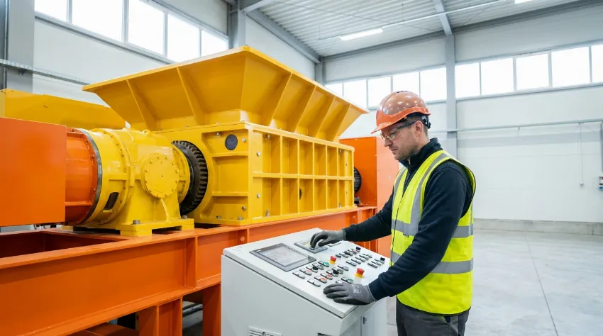 Operator monitoring a heavy-duty pre-shredder used for homogenizing commercial waste streams.
