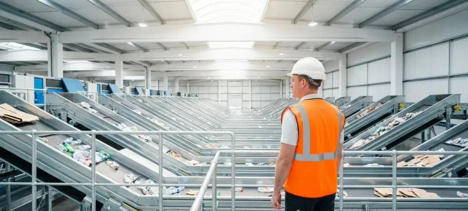 A facility manager observes a modern industrial conveyor systems in a clean recycling plant.