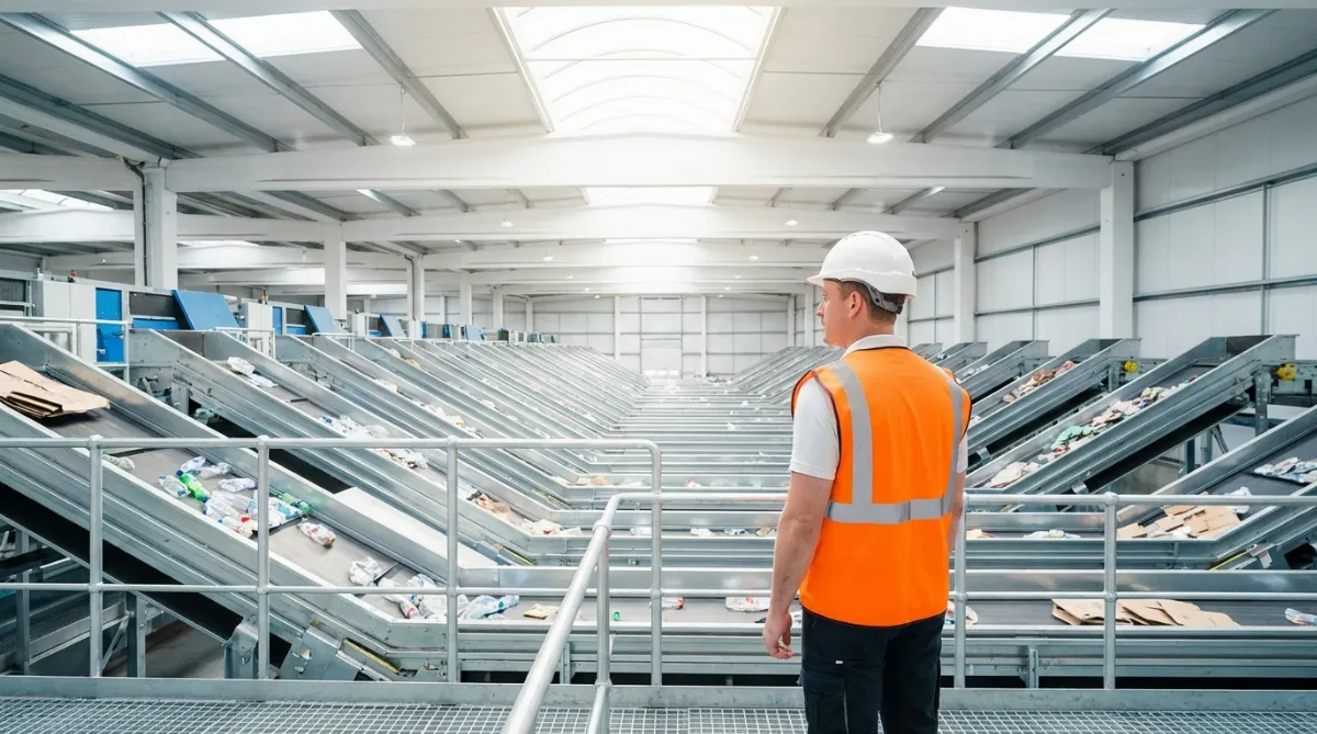 A facility manager observes a modern industrial conveyor systems in a clean recycling plant.