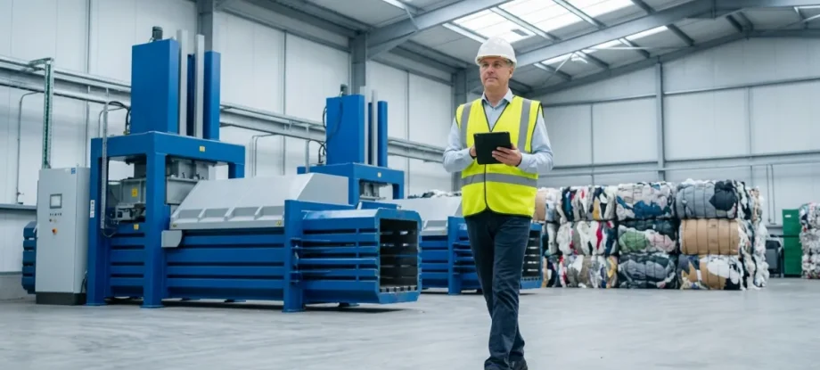 A professional plant manager walking through a clean and modern industrial textile recycling facility. Manager is managing textile recycling equipment.
