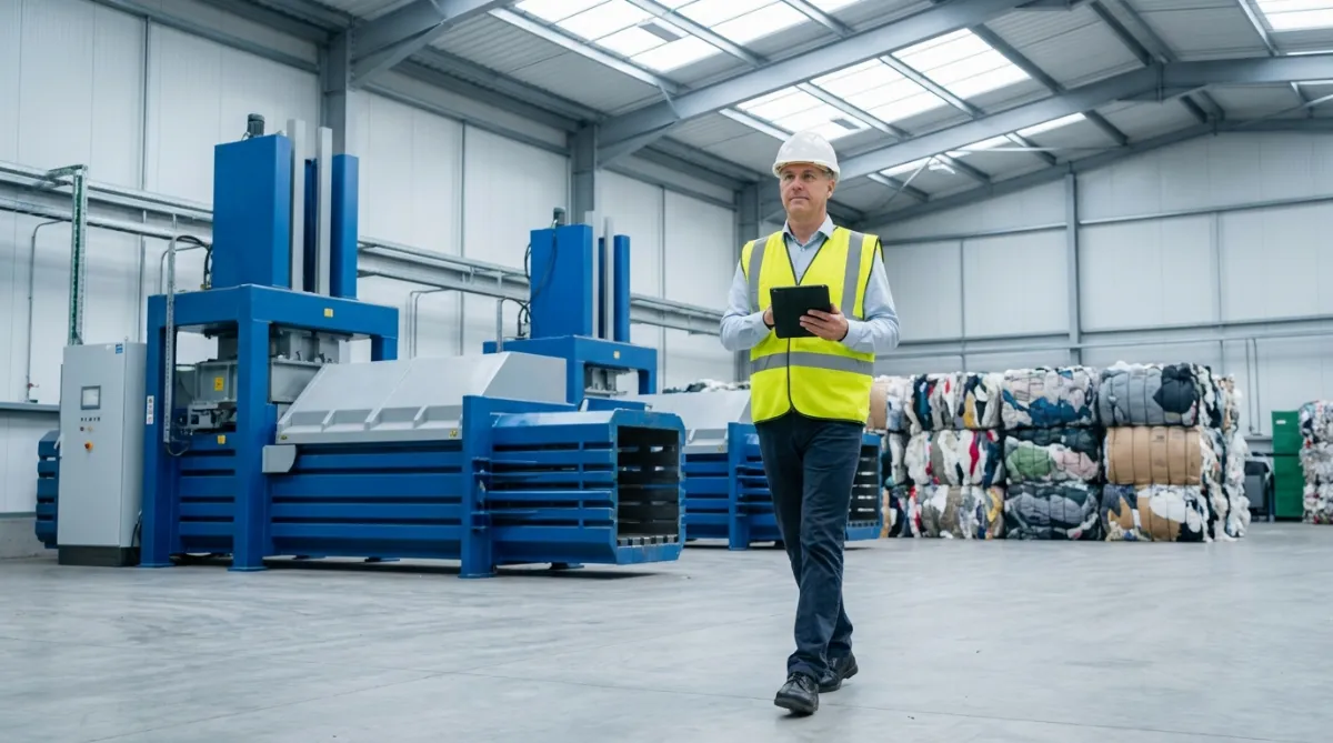 A professional plant manager walking through a clean and modern industrial textile recycling facility. Manager is managing textile recycling equipment.