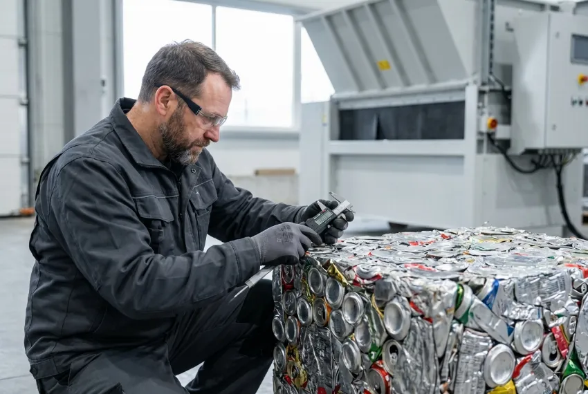Quality inspector measuring a highly dense scrap metal bale produced by a small format press.