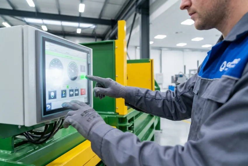Close-up of an operator using a modern touchscreen control panel on industrial baling machinery.