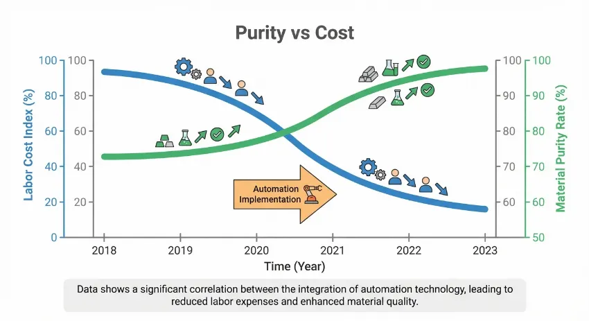 Data visualization demonstrating how automation lowers labor costs while increasing material purity.