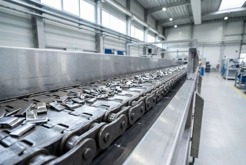 A heavy-duty steel chain conveyor belt transporting metallic scrap.