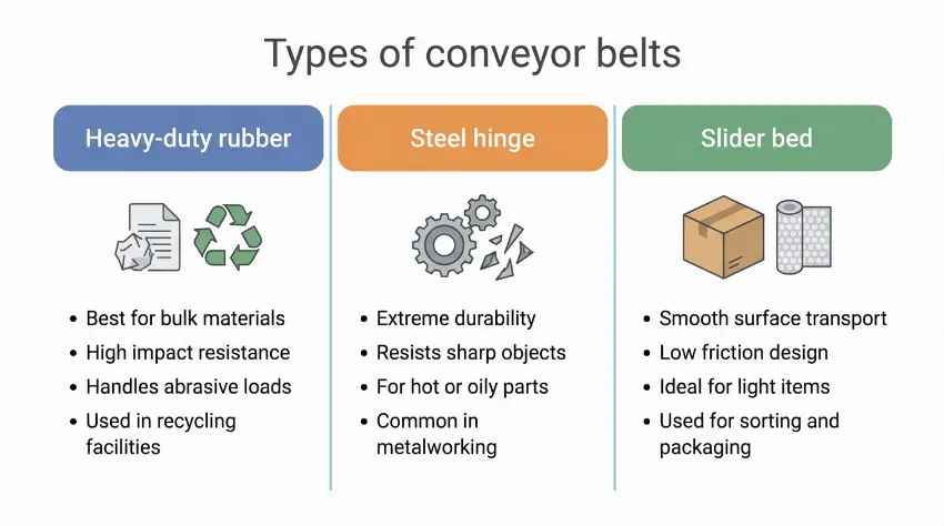 A comparison table showing different types of conveyor belts and their best-suited materials.