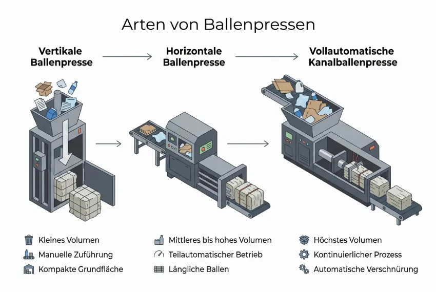 Infografik, die vertikale, horizontale und vollautomatische Kanalballenpressen zeigt.