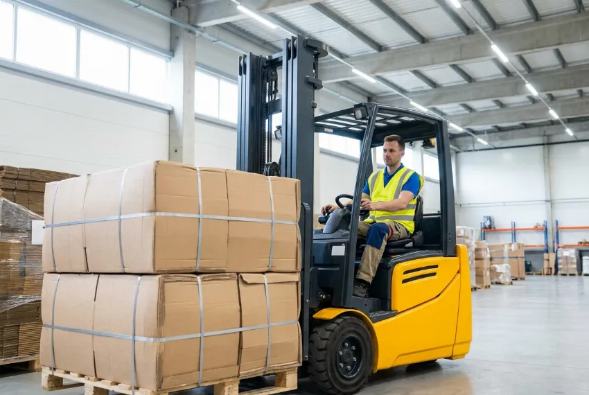 Ein Logistikmitarbeiter stapelt mit einem Gabelstapler hochverdichtete Kartonballen in einem sauberen Lager.