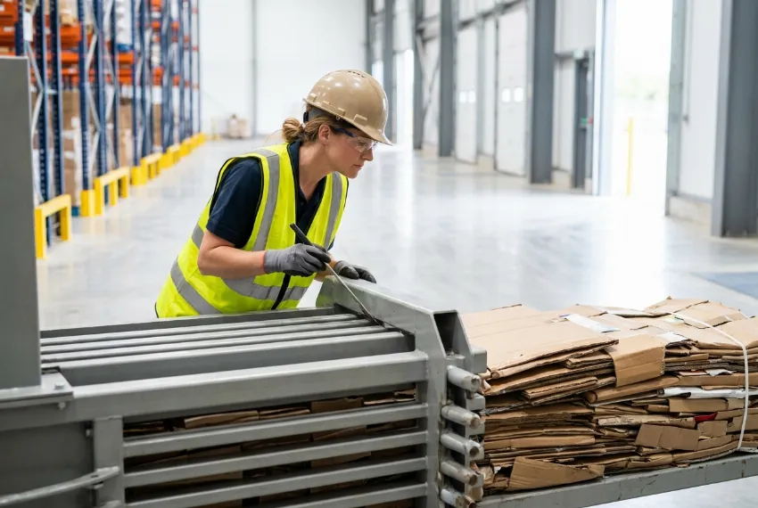 Eine Logistikmitarbeiterin inspiziert den Materialfluss an einer horizontalen Ballenpresse.
