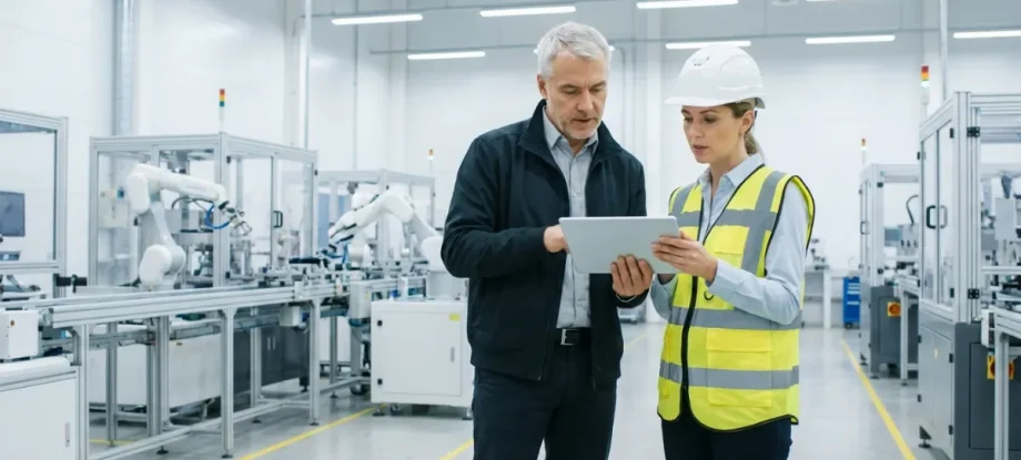 A male factory manager and a female engineer reviewing a digital tablet on a clean, modern factory floor.