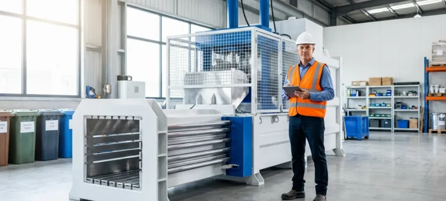 Ein professioneller Anlagenmanager steht neben einer modernen industriellen Kanalballenpresse in einer hellen Recyclinganlage.